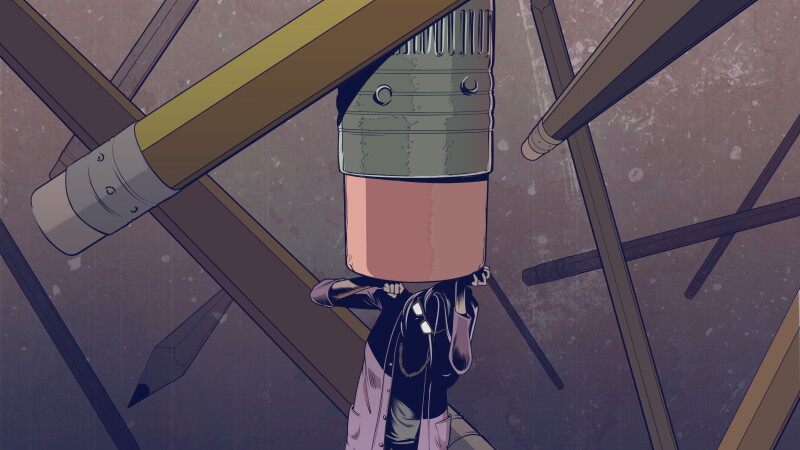 Illustration of a woman holding back a large pencil eraser. Around her are other pencils with erasers, and below her are words that cause editors concern.