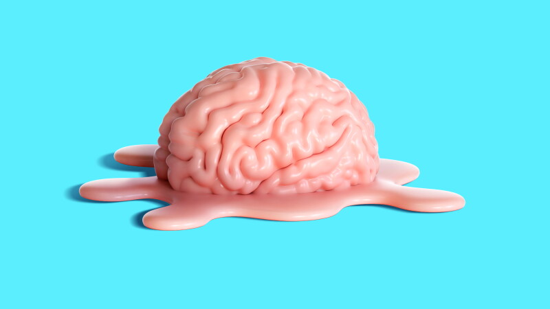 Photo-based illustration of a plastic human brain melting against a teal background.