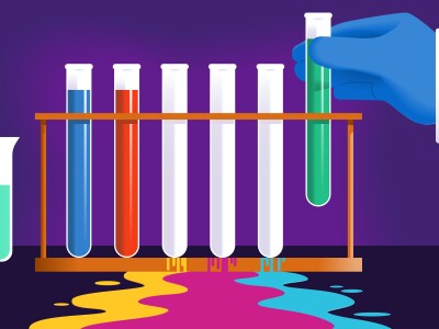 Illustration showing a lab experiment with the contents of test tubes spilled out onto the tabletop