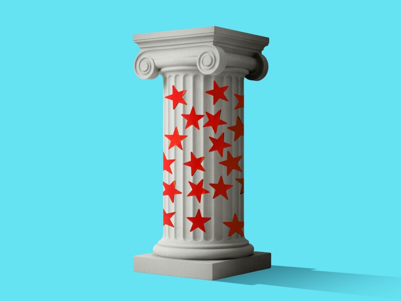 Illustration showing a classical column covered in little red star stickers