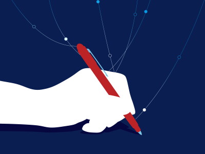 Vector illustration of a simple white hand with a red pen and lines denoting digital circuitry-like threads connecting to the pen.
