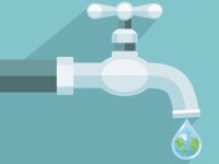 Illustration of water tap with the Earth globe inside a small water drop that's dripping out
