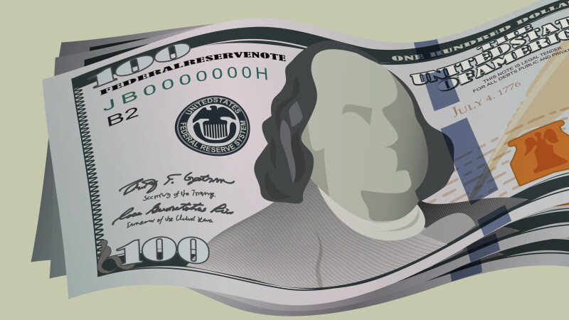 Illustration showing a stylized one-hundred dollar bill on a green background
