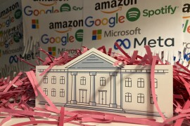 Illustration of college building engulfed by big tech logos and pink slip paper shreds