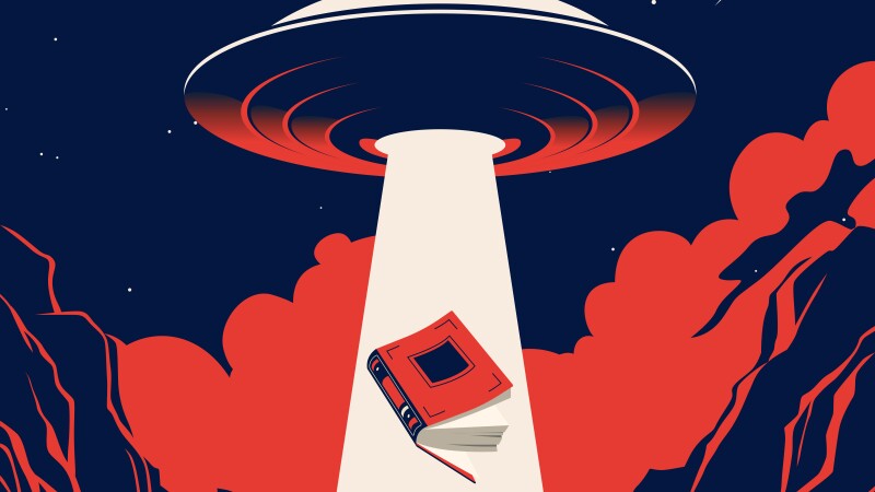 Vector illustration of a disk-shaped space ship with a light beam lifting a book.