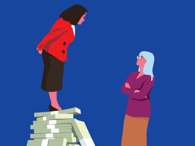 Vector illustration of two professionally dressed women -- one on the left standing atop a large pile of cash and one on the right positioned lower.