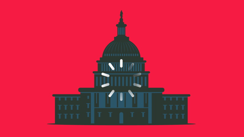 Illustration showing a capitol building with a digital loading icon in front if it, on a red background.