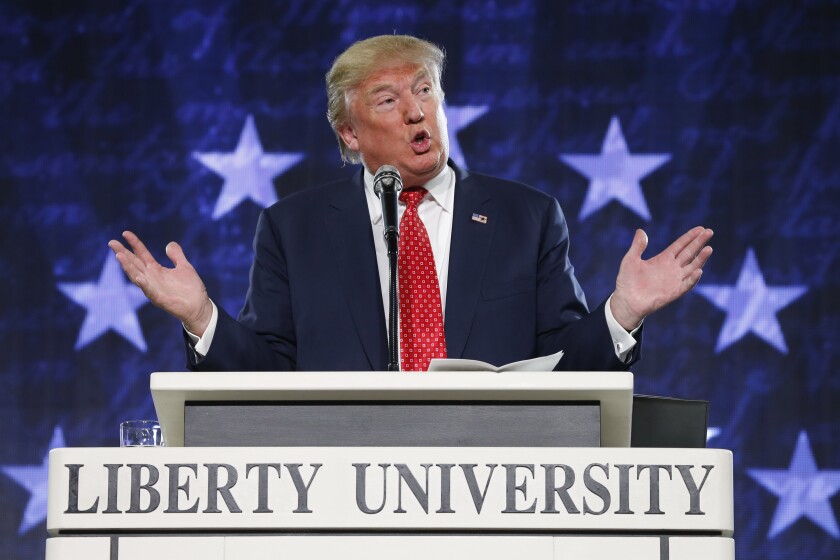 Donald J. Trump visited Liberty U. as a presidential contender in January 2016. He’ll return in May to give the commencement address.