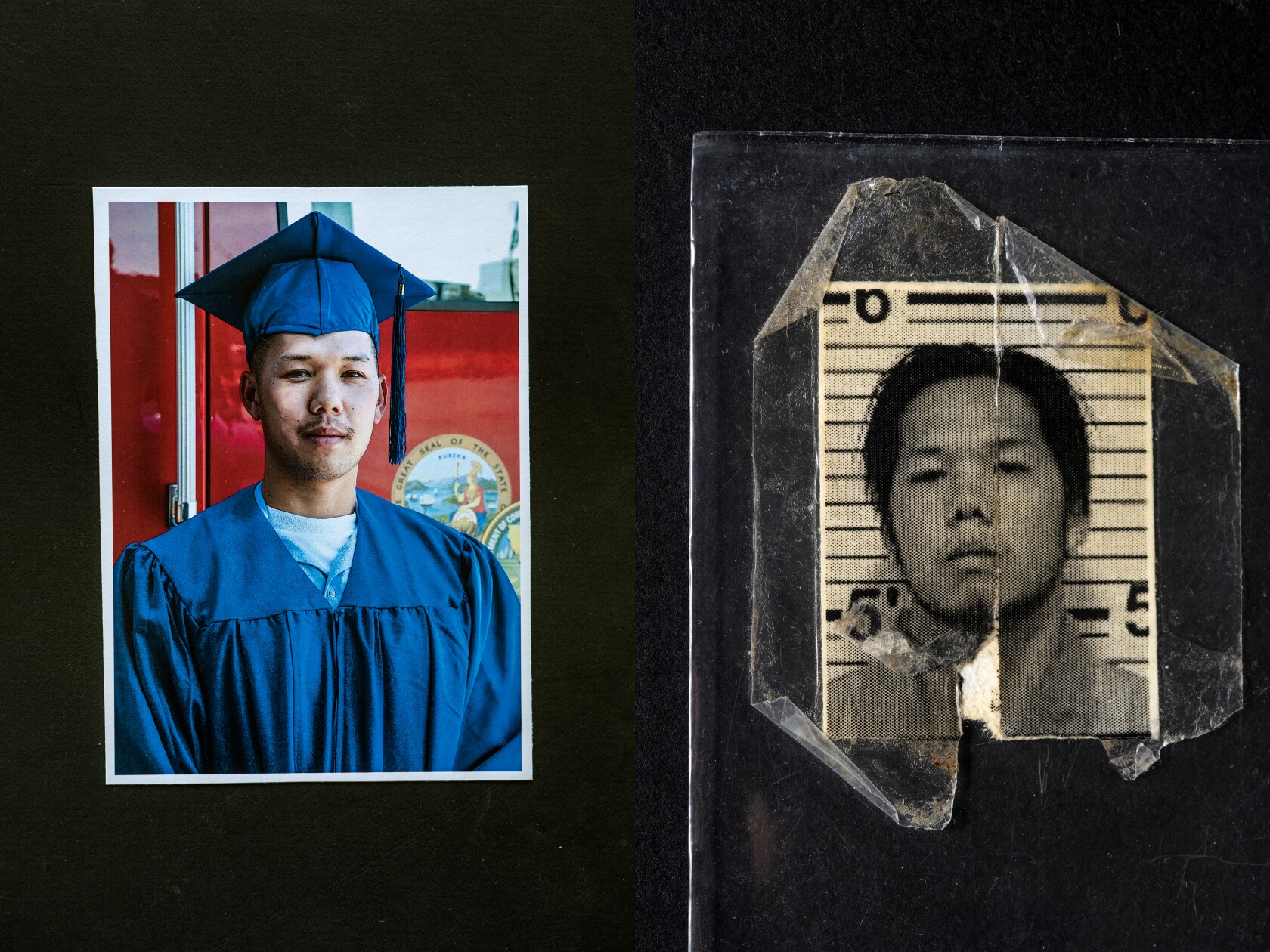 Left: 2019 photo of Kim Do on the day he received his diploma for his Coastline Community College Science and Math associate degree. He was working as an inmate firefighter at the time so the photo was taken in front of a fire truck. Right: Taped inside a small photo album his sister sent him, Kim Do has picture of himself taken the day he was transferred from county jail to state prison after his 2014 conviction.