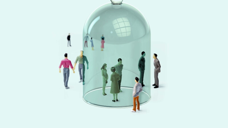 Phot illustration of several miniature model figurines with a few under a bell jar.