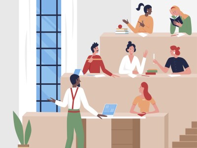 Illustration showing a professor and students interacting in a college classroom