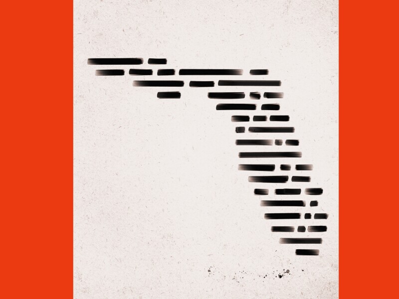 Illustration of a sheet of paper with redaction marks in the shape of Florida