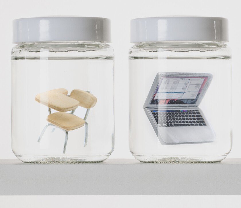 Illustration showing a shelf of lab specimen jars containing a desk and a laptop.