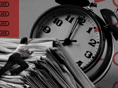Photo illustration of a man climbing a stack of papers toward an alarm clock with the word "late" repeated in the background