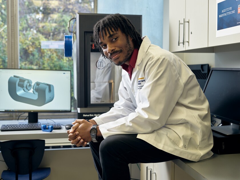 <a href="https://www.nyit.edu/box/profiles/student_profile_lincoln_dover” target="_blank">Lincoln Dover</a>, a mechanical engineering student, is the mechanical designer for a robotic therapy vest (which ultimately will be more like a jacket) for patients with neurological impairments. (Rick Wenner)
