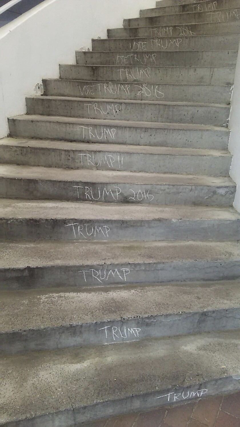 When the Republican front-runner Donald Trump’s name was chalked on campuses recently, including on these steps at Emory U., some protesters raised concerns. Administrators are grappling with how to deal with worries over what the chalkings might imply, but without stifling debate — especially in an election year.