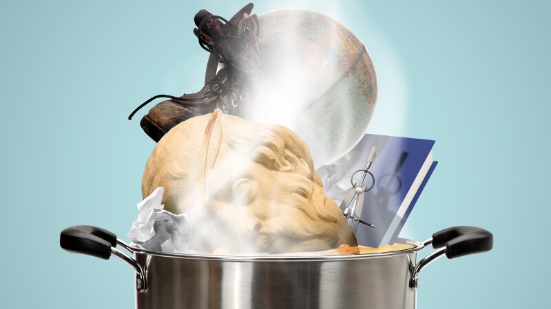 Photo-based illustration of a steaming stock post filled with a bust of Plato a book, globe, compass, wads of paper, a boot, and bubbling orange liquid.