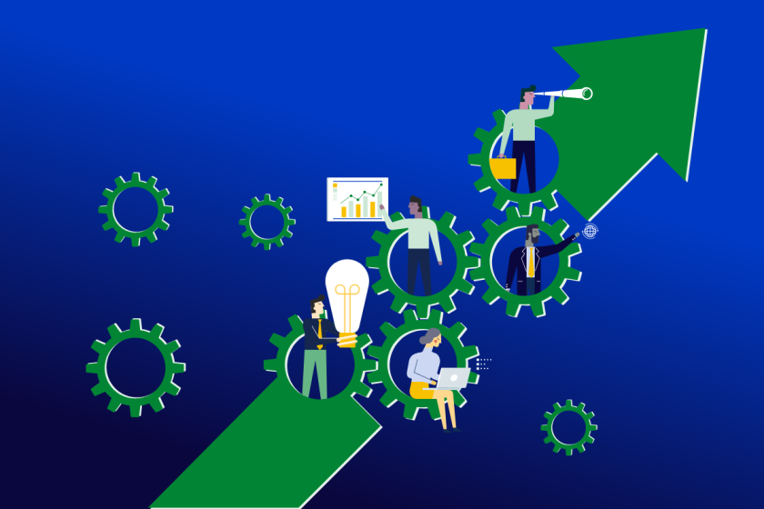 Image of an upward moving arrow made up of gears, with diverse professionals working on projects within the gears.
