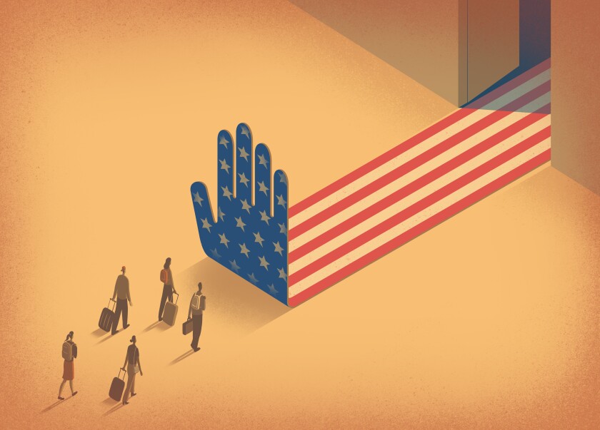 Illustration of a flag-decorated carpet that has rolled out from an open door frame. Its end is a hand blocking students from entering.