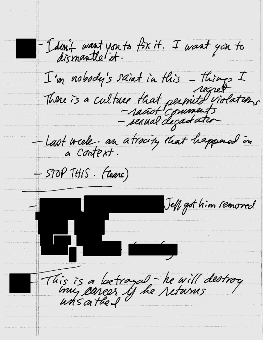 Handwritten notes report of a toxic culture and fears of retaliation after CHESTfest 2018