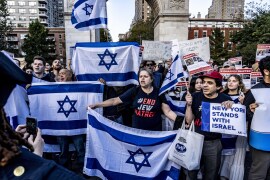 Two competing demonstrations and rallies took place in Washington Square Park in NYC on October 17, 2023, one supporting Israel and one supporting Palestine.
