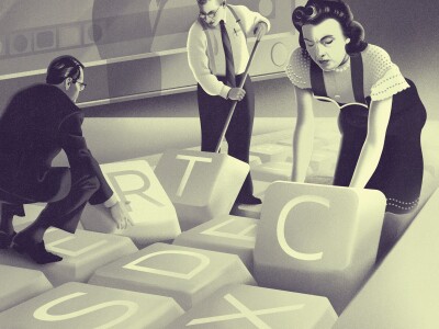 Illustration showing a 50s housewife and male beurocrats removing the C, R, and T keys from a computer keyboard