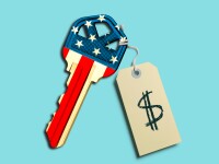 Photo-based illustration of a common house key painted like the American flag with a paper tag with a $ symbol scrawled on it attached.