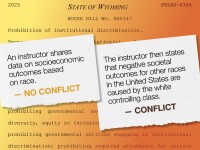 Photo illlustration showing text descriptions of scenarios that are considered to either conflict or not conflict with State of Wyoming house bill 147.