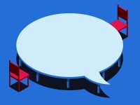 Vector illustration of a word balloon presented as a table with two red chairs on opposite sides.
