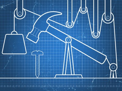 Blueprint illustration of an overly elaborate diagram of a pulley system meant to hammer a screw