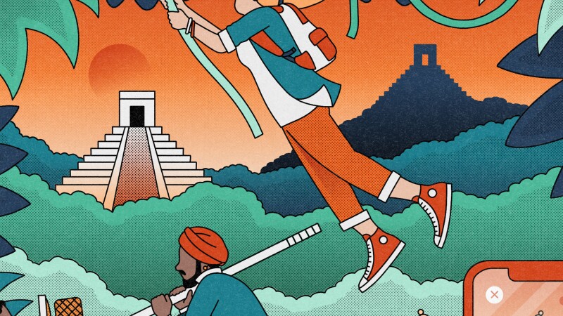 Illustration showing students in various activiities like podcasting, writing; posting on social media