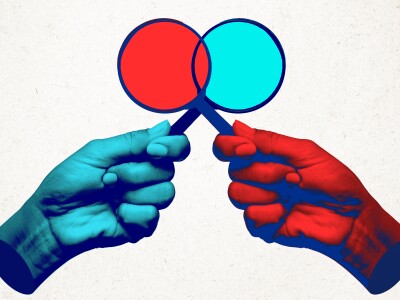 Photo-based illustration of two hands, blue- and red-tinted, with magnifying glasses.