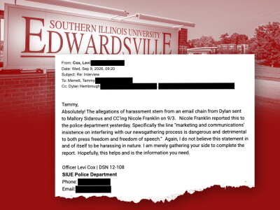 Photo illustration showing a screen-grab of an email over a photo of the Southern Illinois University Edwardsville campus