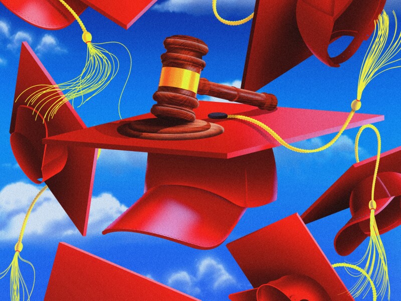 Illustration showing red MAGA hats as mortar boards being thrown in the airin celebration. At the center is a judge's gavel