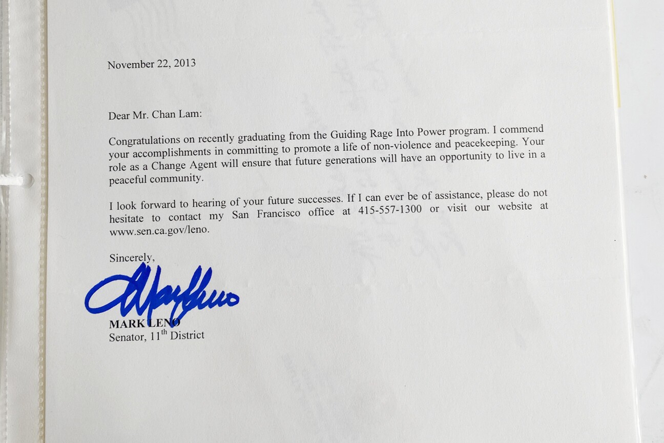 A letter John Lam received from California Senator Mark Leno upon completion of the Guiding Rage Into Power program.