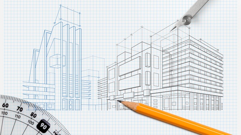 Line drawing of modern buildings with tools of architecture and drafting laid on top