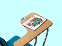 Photo-based illustration of the top view of a school-type chair and desk combo with a notebook depicting a colorful illustration of a head with words like fear and anxiety as embellishments