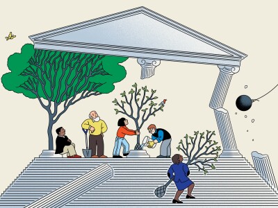 Illustration showing people coming together to replace an academic building's broken columns with growing trees