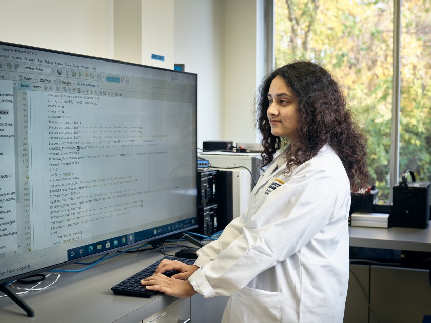 Computer science student <a href="https://www.nyit.edu/box/profiles/student_profile_hibah_agah” target="_blank">Hibah Agha</a>'s role in the NASA project is as a Python and Java developer. (Rick Wenner)