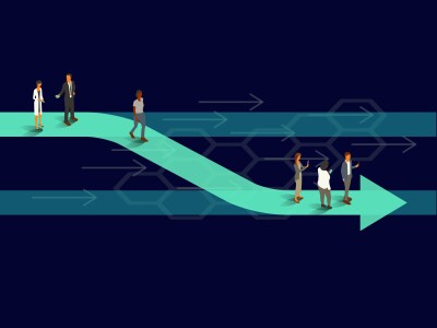 Six professionals stand on an arrow that shifts from one parallel line to another, illustrating the concept of a realignment.