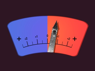 Illustration depicting a scale or meter with blue on the left and red on the right and a campus clock tower as the needle.