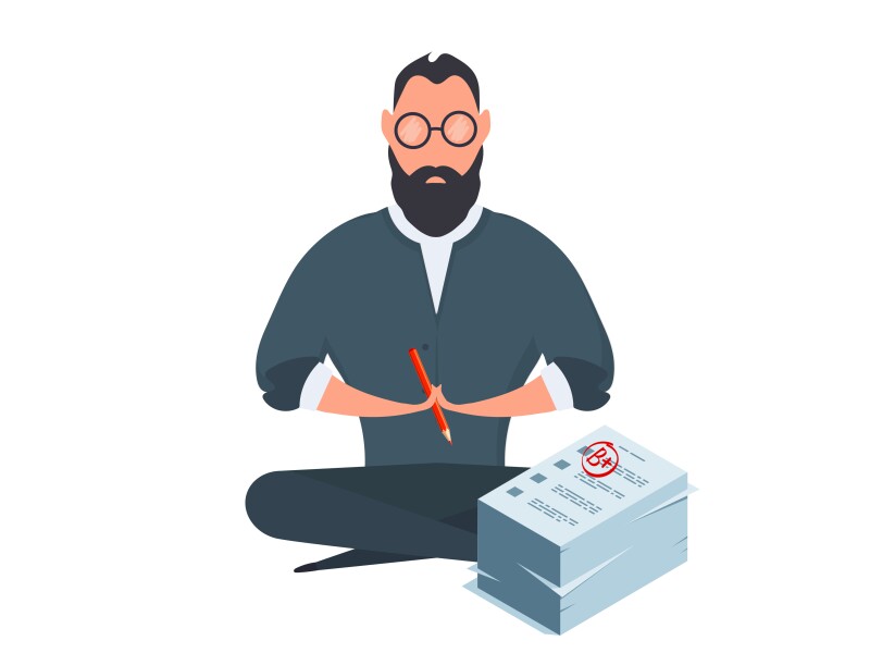 Illustration of a bearded man with glasses sitting in the lotus position while holding a pencil, with a stack of graded papers marked “B+” beside him.