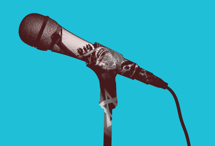 Photo-based illustration of a microphone overlayed with images of pro-Hamas protesters and a flag of Israel