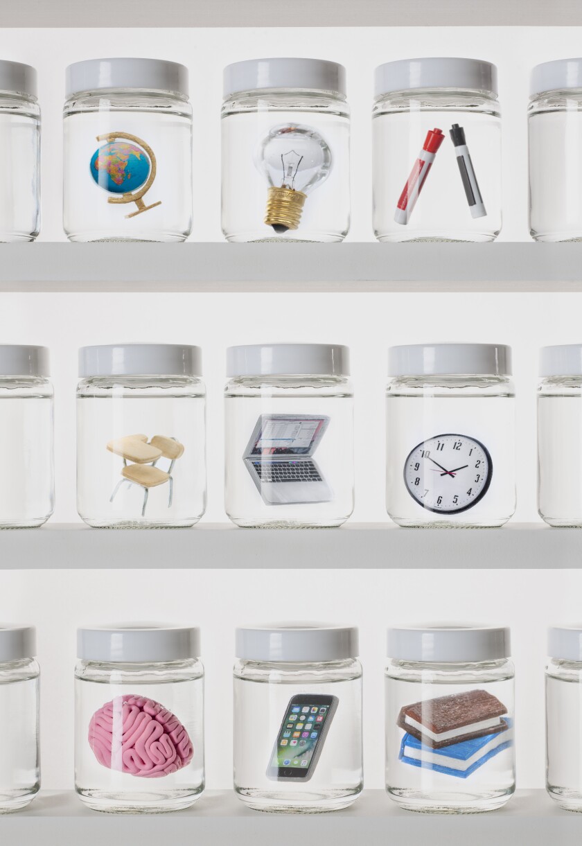 Illustration showing a shelf of lab specimen jars with learning-related objects like a desk, brain, smart phone, books, etc.