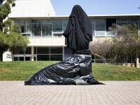 The covered statue of César Chávez in the Peace Garden at Fresno State University on March 18, 2026.