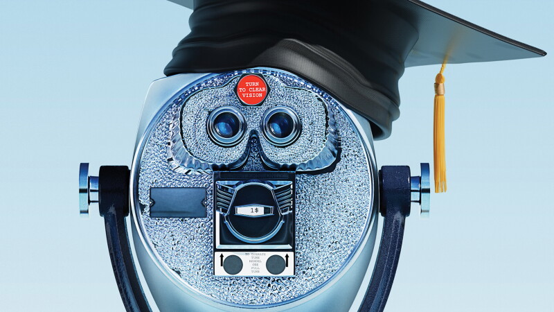 Illustration of a coin-operated binocular viewer wearing a black graduation cap with a gold tassel. A red label above the eyepieces reads, “Turn to Clear Vision.” The image uses the familiar tourist viewer as a metaphor for gaining perspective or foresight in higher education, with the graduation cap signaling a focus on colleges and universities. The viewer is centered against a pale blue background.
