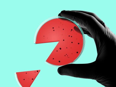 Photo-based illustration of a hand holding a petri dish with red liquid, and a slice has fallen off as it from a pie chart.