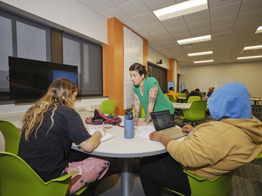 Liz Franczyk, an adjunct professor at MATC, and administrator of the FASTFund teaches her Spanish class on the MATC Downtown Campus in Milwaukee, Wisconsin.