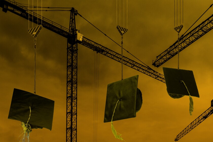 Photo illustration of cranes lifting mortar boards