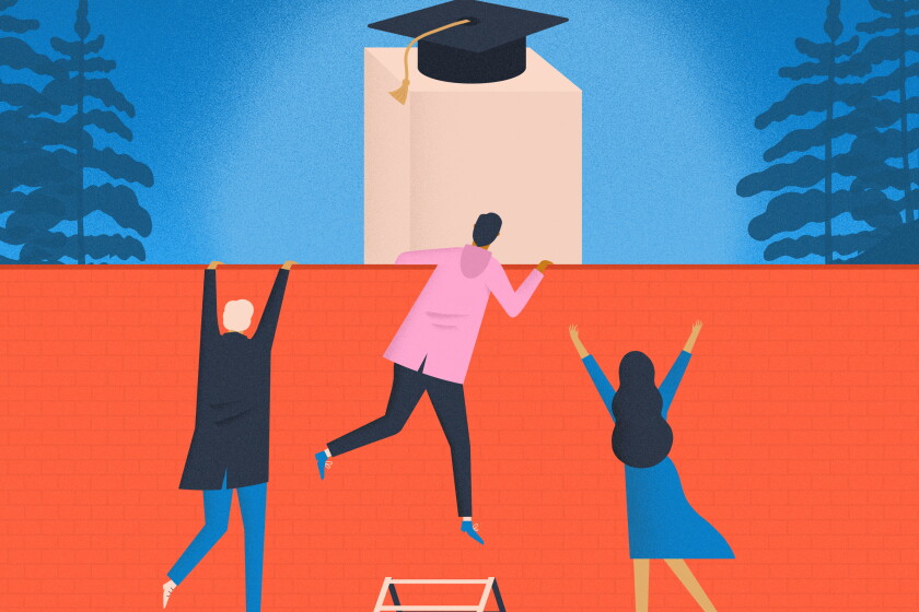 illustration of students climbing a wall to attain college